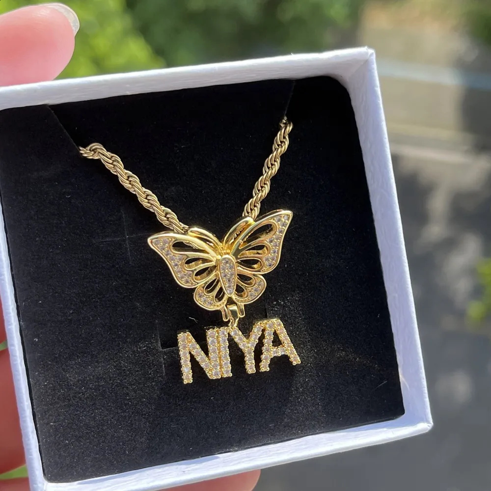 DUOYING Customized Butterfly Necklace Personalized Hollow Zircon Original A-Z Letter Pendant Hip Hop Jewelry Gift 250409