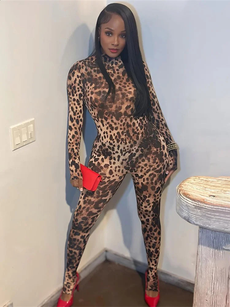 Nibber Leopard Print Women Jumpsuit Fitness Zip Full Sleeve Spring o-Neck Skinny Stretch Streetwear Fit Workout Overalls 250411