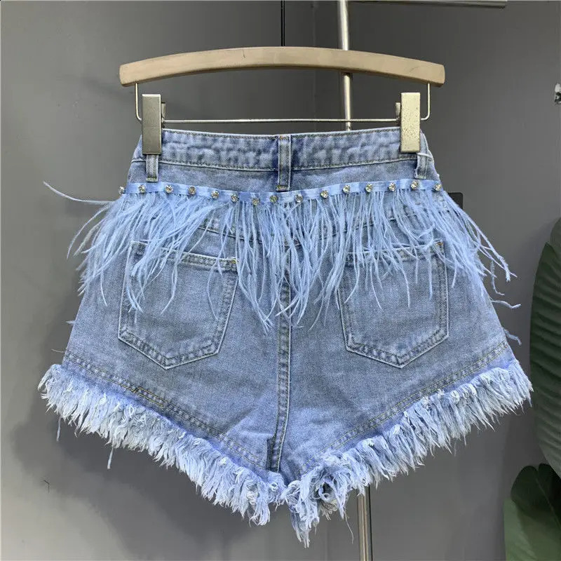 Summer Fashion Denim Shorts Women Personalized Tassel Diamond Wash Light Blue Short Jeans Fashion Sexy Feather Pants 250411