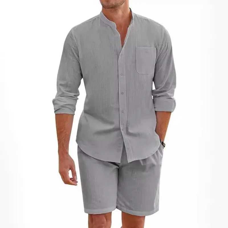Mens two-piece cotton linen comfortable button up shirt long sleeved cardigan casual beach wearXJ250412