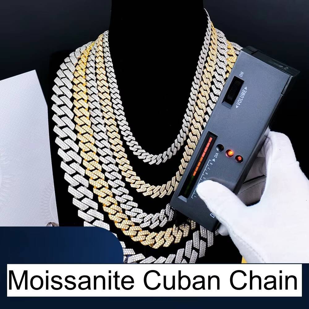 Hot Sale 10mm 12mm 14mm 15mm 20MM 925 Silver Moissanite Cuban Link Chain With Certificate Hip Hop Link Chain Necklace for Gift