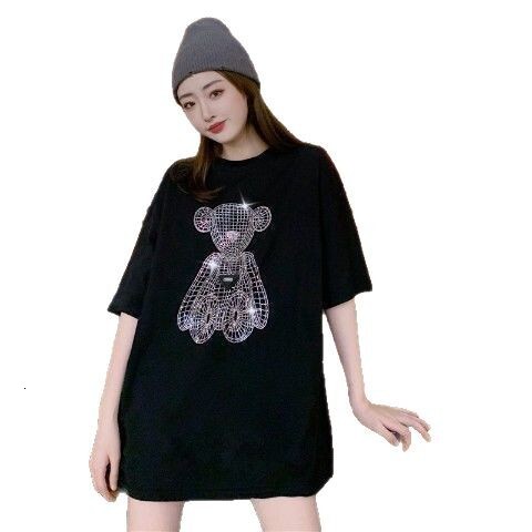 Designer 2025 Women's Heavy Industry Popular Diamond Bear Short Sleeve T-shirt Fashion Summer Black Loose Design High End Women's Top Street