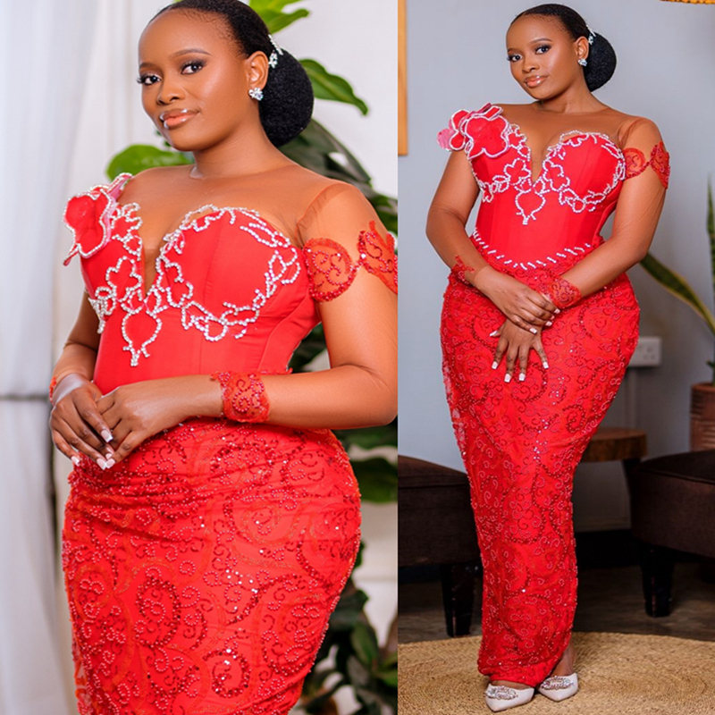 2025 Plus Size Red Prom Dress Mermaid Prom Dresses Evening Formal Gowns For Special Occasions Sheer Neck Beaded Lace Birthday Second Reception Gowns A