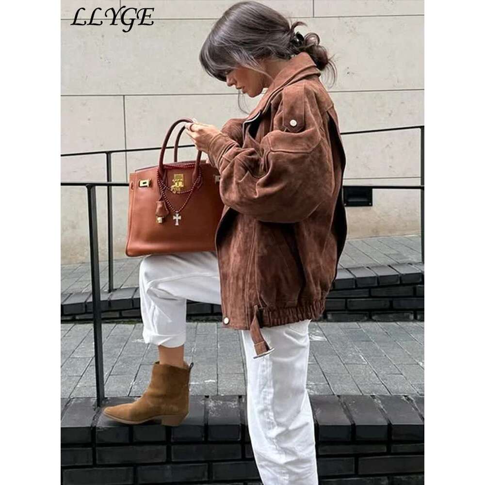 Designer Clothes Street Women's Belt Short Suede Jackets Loose Lapel Full Sleeve Zipper Female Coats 2025 Spring Lady Vintage Patchwork Outwear