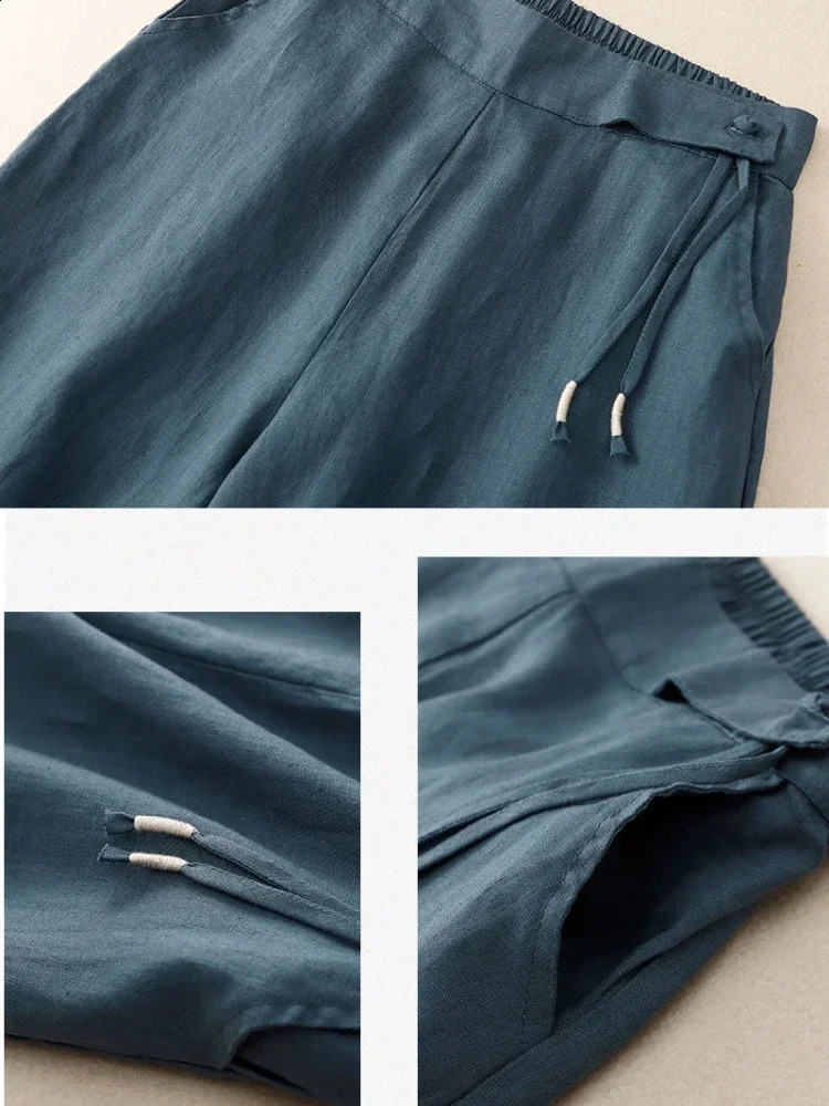 Retro Art Summer Wide Leg Pants Womens Elastic High Waist Cotton and Linen Casual Pants Loose Straight Yellow Womens Pants 250408