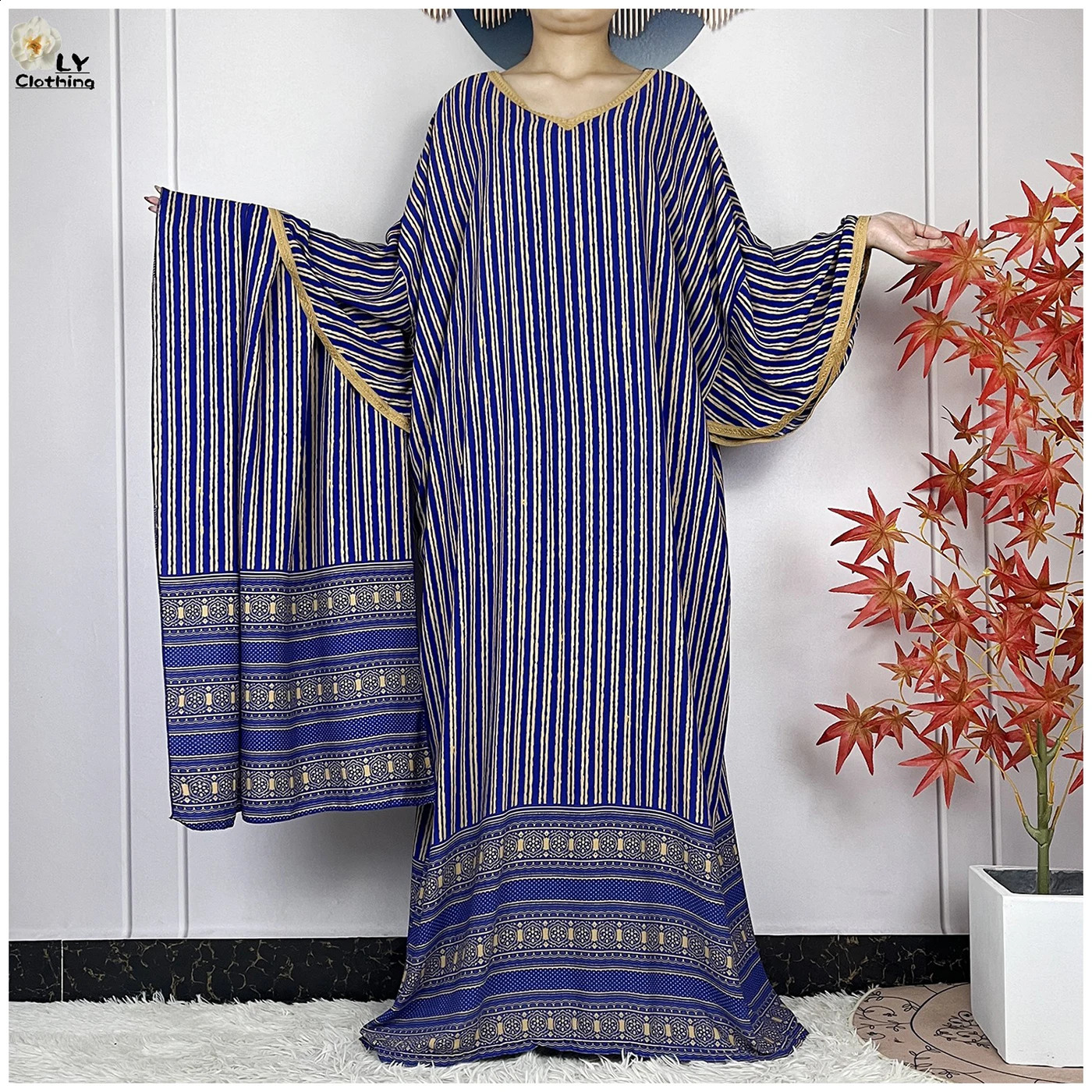 Dubai Muslim Set Cotton Dress Fashion Womens Loose Maxi Kaftan Stripe Printed African Islamic Clothing 250411