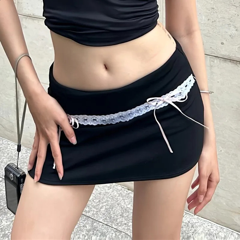 Korean Style Harajuku Y2K Streetwear Women Retro Sweetheart Lace Bow Tie Mini Skirt Gothic Punk Low Waist Black Short Skirt 250411