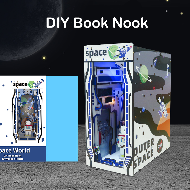 Space World DIY Assembled Bookend, Exquisite Astronaut-Themed Wooden Craft with LED Light Effect, Creative Bookshelf Insert Decor for Space Enthusiast