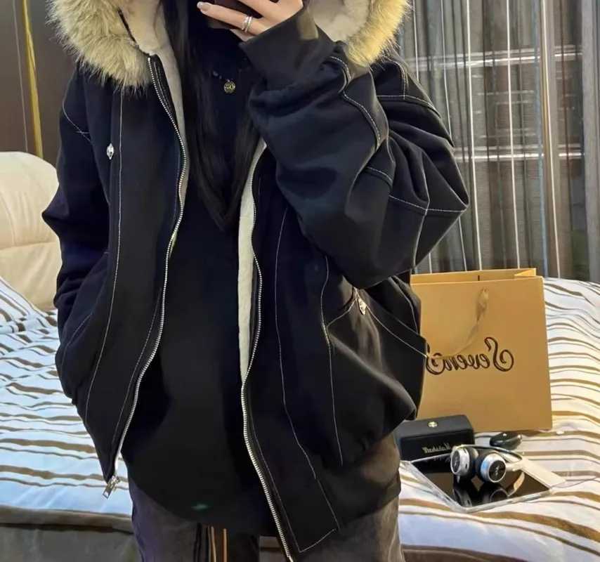 Fashion American Street Fur Collar Zipper Hooded Jacket Women Autumn Winter Retro New Velvet Thickened Warm Fashion Loose Casual Jacket Y251111
