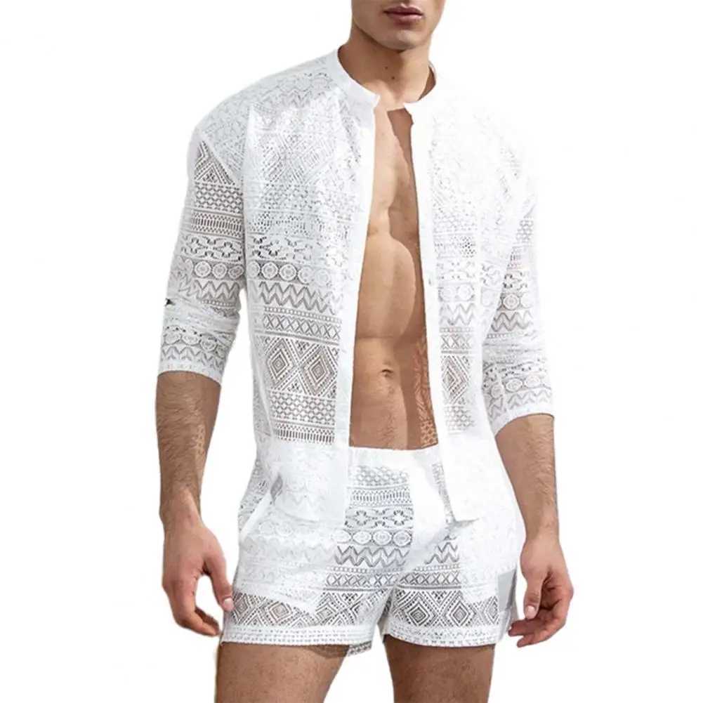 Ropa hombre Autumn 1 set mens top hollow solid color lace see through wedding dress mens two-piece setXJ250412