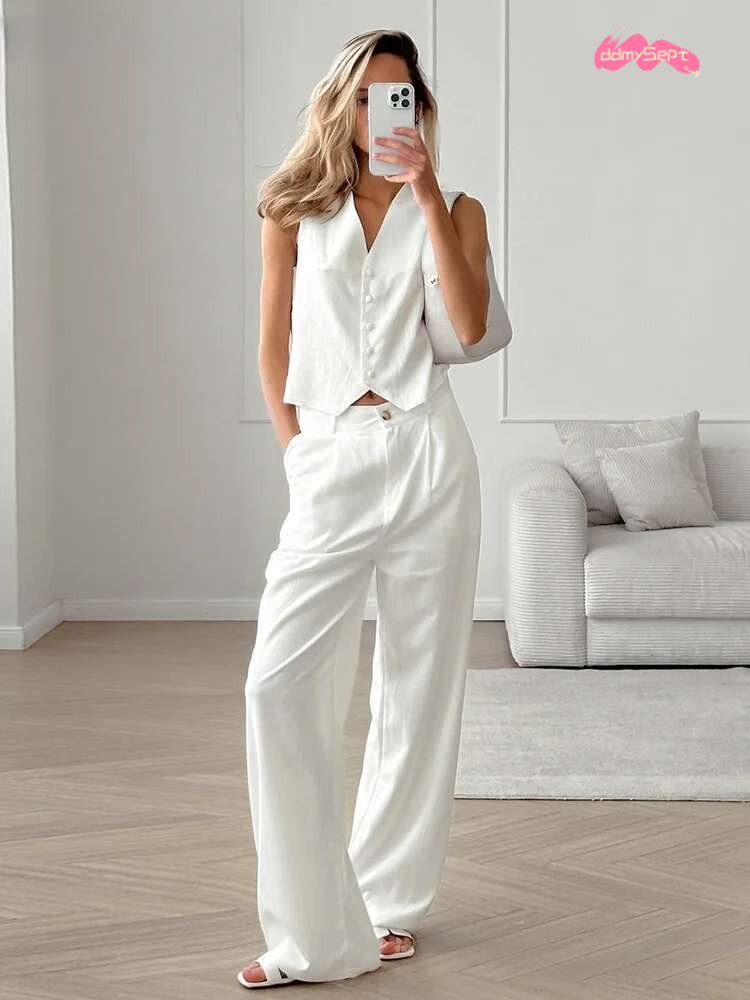 White Elegant Cotton Sets Two Pieces Women en Blazers Tops And Wide Legs Pants Summer 2024 Office Ladies ddmySept
