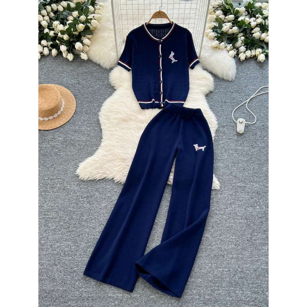 Summer Causal Fashion 2Pc Set Korean Style Knitting Suits Women Puppy Embroidery Color Block Tops+Wide Legs Long Pants