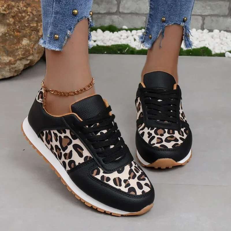 2025 casual leopard print women's designer fashion sports shoes with lace up women's thick soled sports shoes