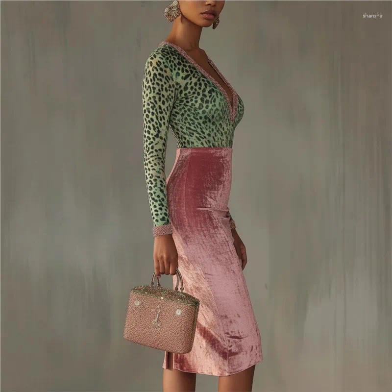 Casual Velvet Bodycon Dress Long Sleeve Patchwork V-Neck - Elegant Autumn Winter Party Evening Chic C260312