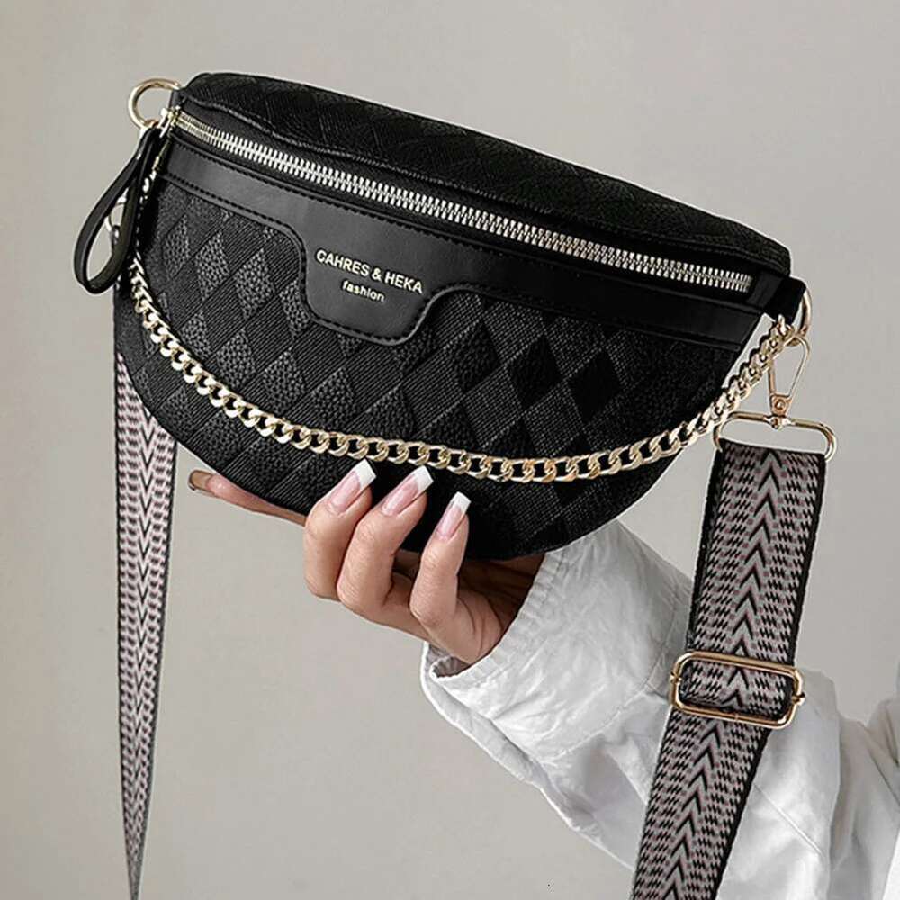 Rhombic Lattice Fanny Pack Bum Bag Fashion Chain Women Messenger Bags Casual PU Leather Simple Wide Strap for Weekend Vacation