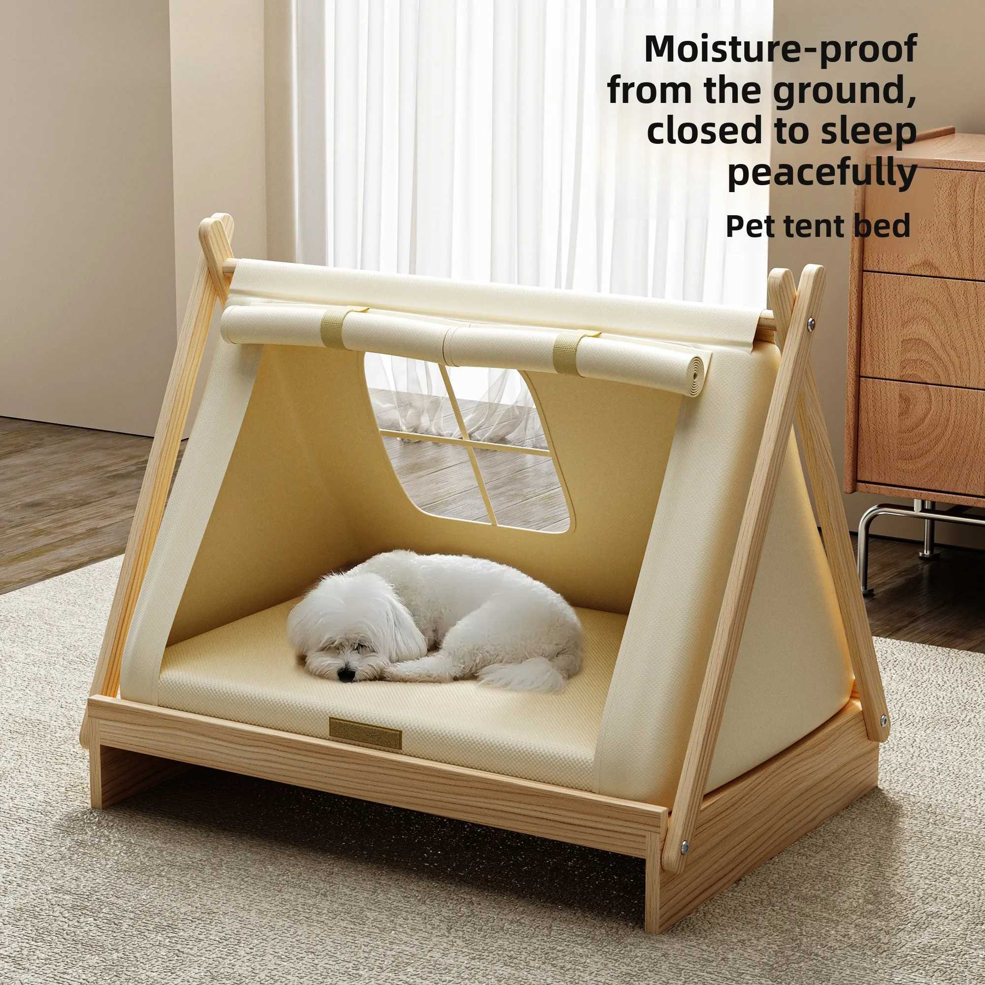 Solid wood dog bed in underground pet tent dog house closed safe warm for puppies in winter X250412