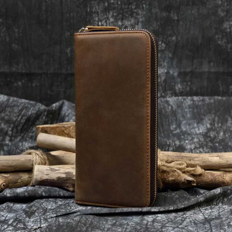 Mens Crazy Horse Leather Long Wallet Zipper Wrap Leather Wallet Phone Case with Coin Pocket and 4-Layer Pocket Z250411