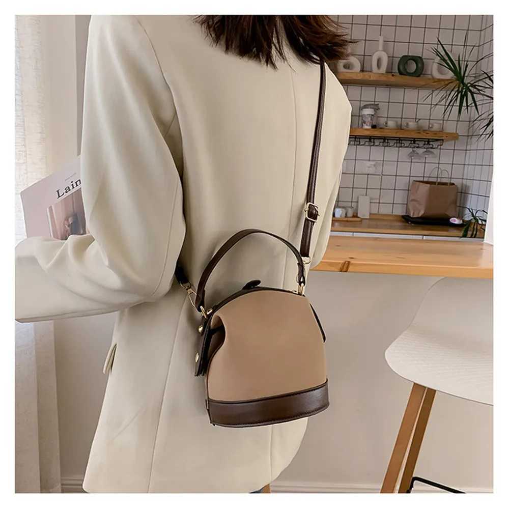 New retro Fi womens bucket bag travel shoulder messenger bag womens frosted leather handbag metal bucket handbagXJ250412