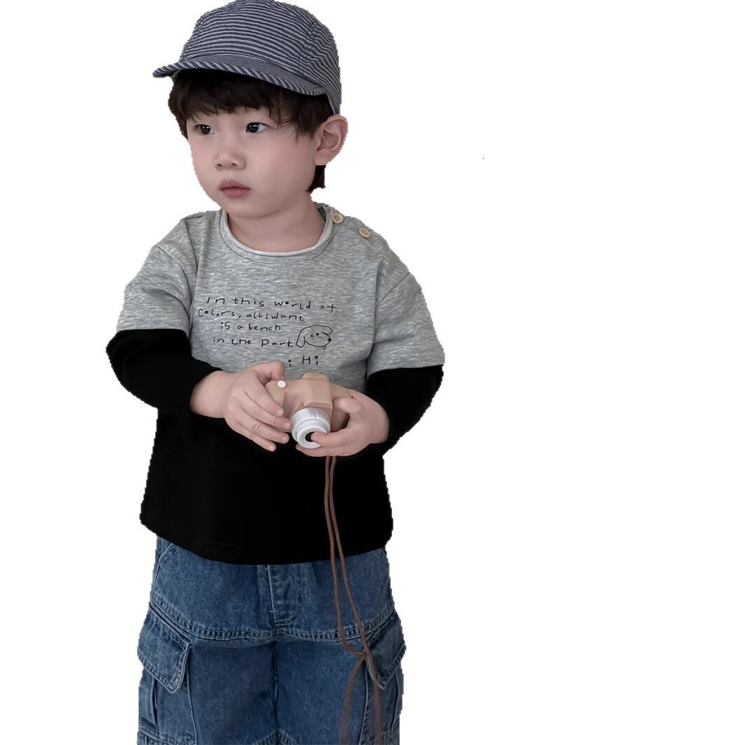 Ddmyshoesvip Children Color Blocking Splicing Long Sleeved T Shirt Jeans Set New Product Korean Version Children S Boys Spring Clothing