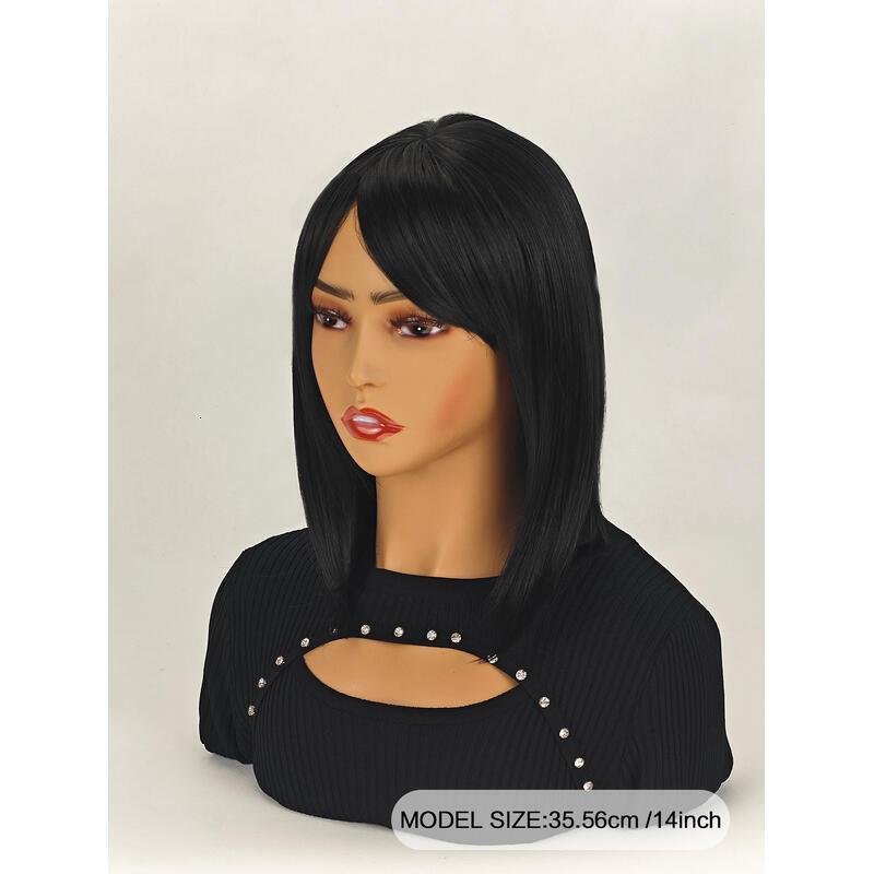 Medium-length straight hair fully hined 14 inches natural heat-resistant fiber high temperature silk dyeable and permable bangs synthetic wig Short Bo
