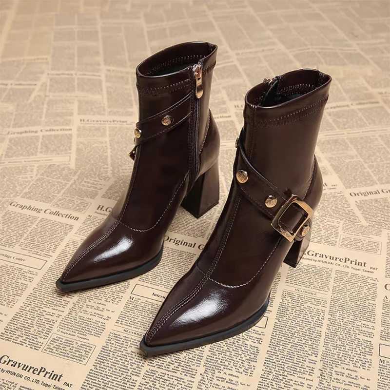 Pointed Toe Women High Heels Ankle Boots Elegant Leather Shoes Winter Chelsea Boots 2025 Chunky Dress Pumps Fi Short BotasXJ251112