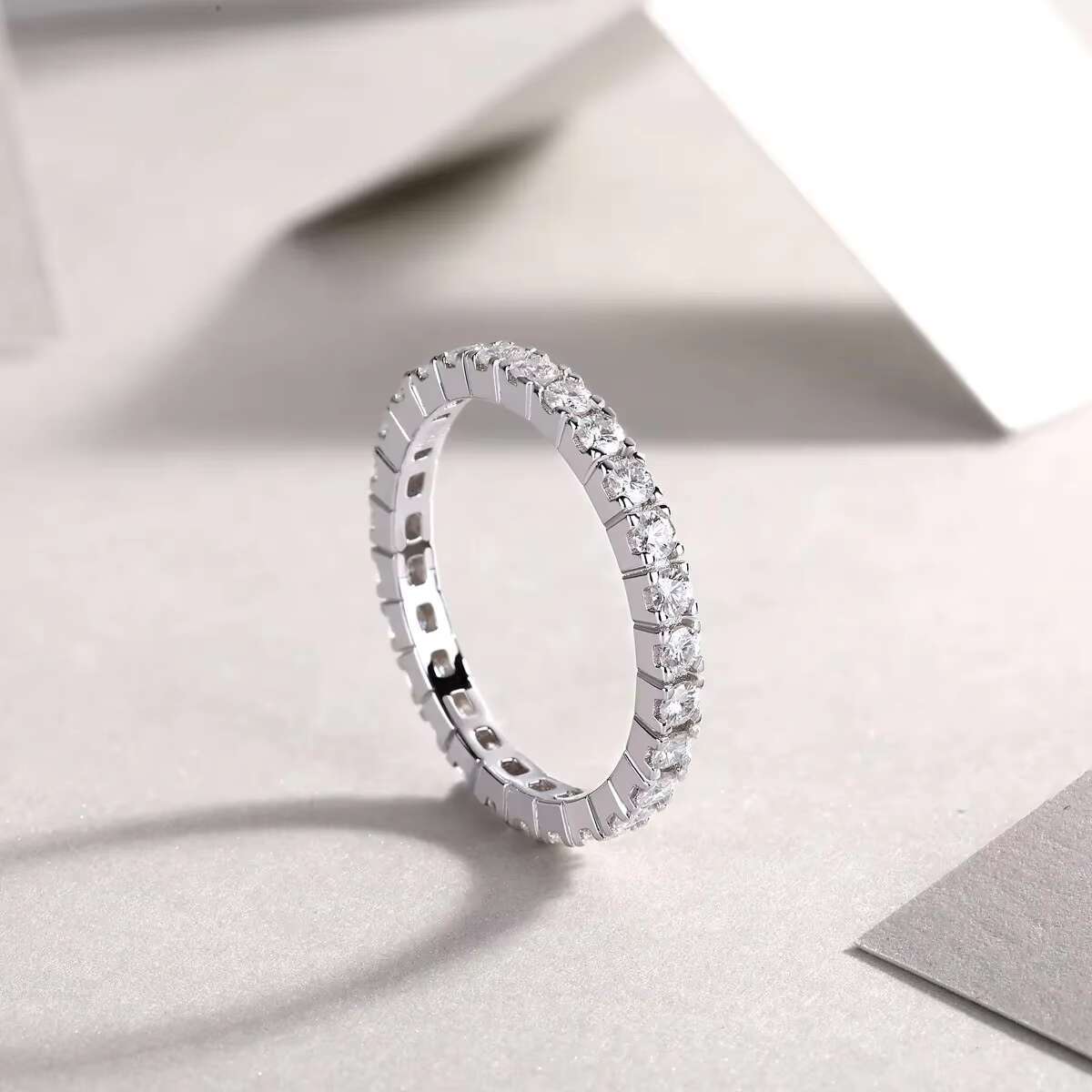 China Wholesale 925 Sterling Silver Platinum Plated 0.1 Ct Eternity Moissanite Diamond Band Rings Wedding Fine Jewelry for Women