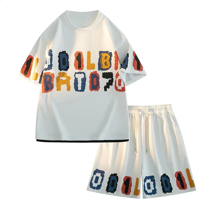 Summer mens track and field suit set oversized streetwear letter printed T-shirt shorts 2-piece set hip-hop rock casual short jacket 250411
