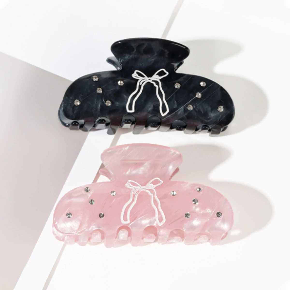 1 piece of French princess style pink and black bow with diamond studs shark clip sweet Updo hair accessories Y2504012