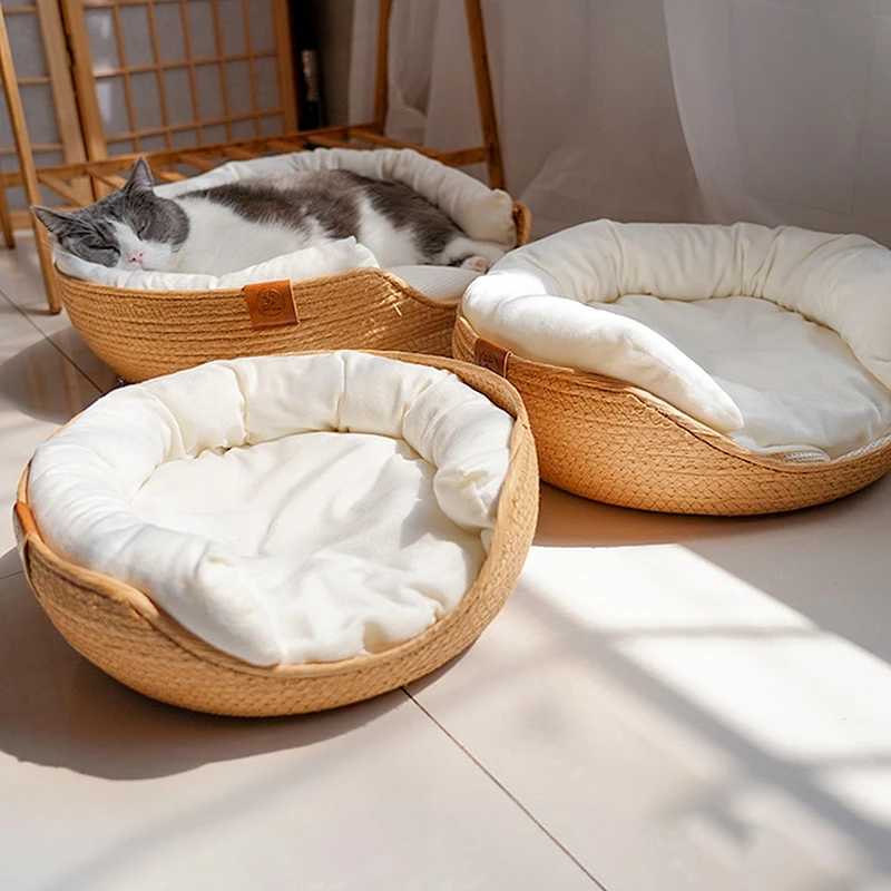 Yokee Pet Cat Mat Dog Bed Sofa Handmade Bamboo Weaving Four Seasons Comfortable Nest Basket Waterproof Detachable Mat Sleephouse X250412