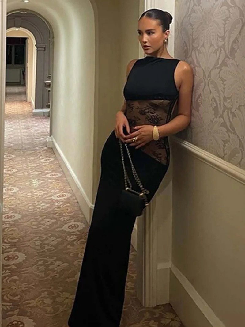 Womens elegant sleeveless lace patchwork evening gown black high street O-neck backless hollow ultra-thin long party gown 250408