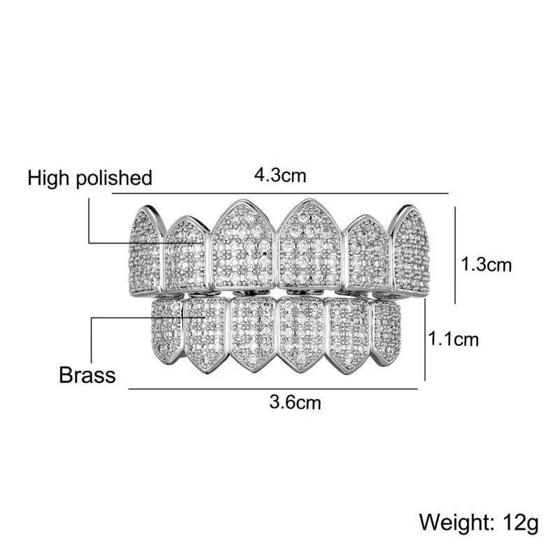 YONGX Top Bottom Ice Out Full CZ Stone Teeth Grillz Fangs Punk Hip Hop Cube Zircon Tooth Hat W250412