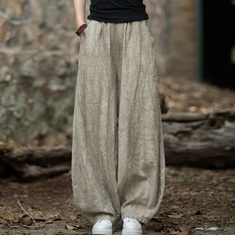 Elegant Womens Cotton Linen Baggy Cargo Pants Vintage Elastic Waist Yoga Trousers Loose Casual Long Wide Leg Oversize Clothes 250411