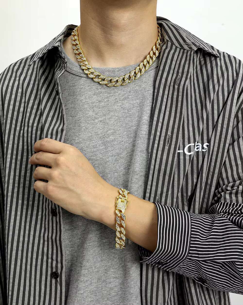 Iced Cuban necklace, gold-plated zinc alloy rhie, Christian party