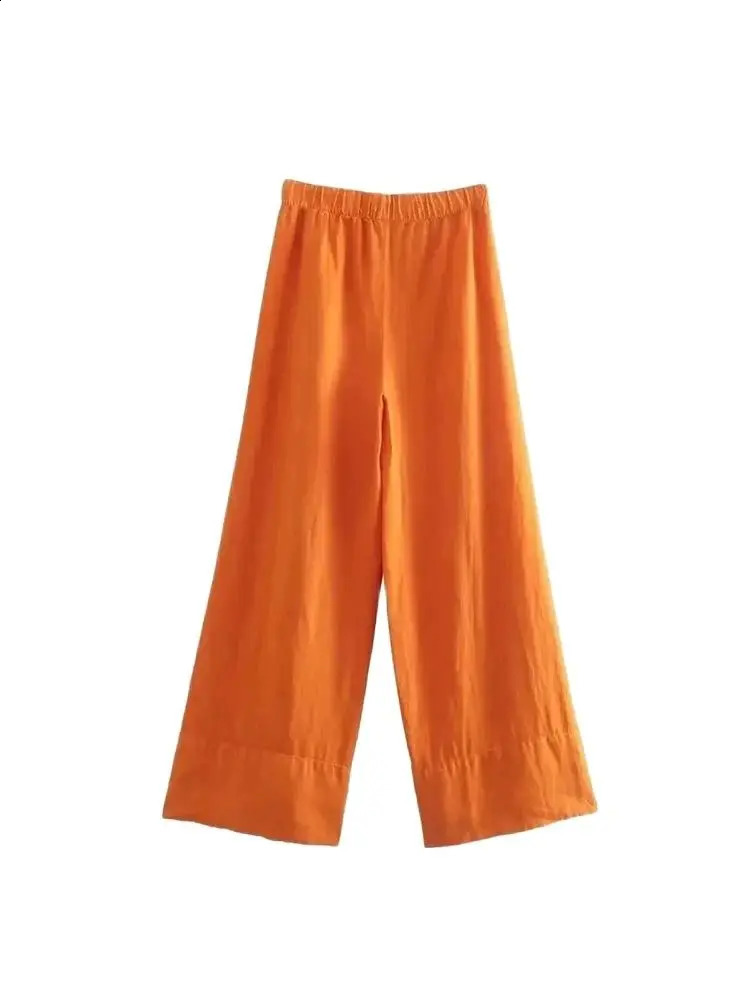 TRZA Women Fashion Side Pockets Linen Wide Leg Pants Vintage High Elastic Waist With Drawstrings Female Trousers Mujer 250411