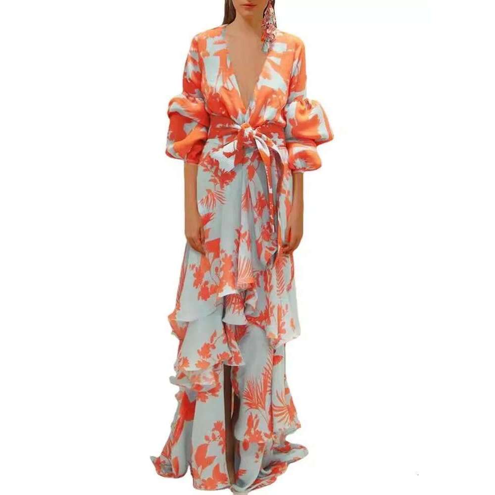 Women's Print Ruffle Party Dresses Elegant Deep V-Neck Lantern Sleeve Long Dress Fashion Tie-Up Waist Irregular Bohemian Vestido