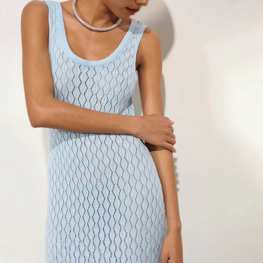 L49Sexy Knitted Hollow Long Skirt with Solid Colors & Slim Suspender Style for Summer 2025