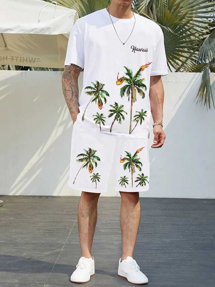 Summer daily casual mens sports shorts street fashion mens short sleeved top lion print mens T-shirt and shorts setXJ250412