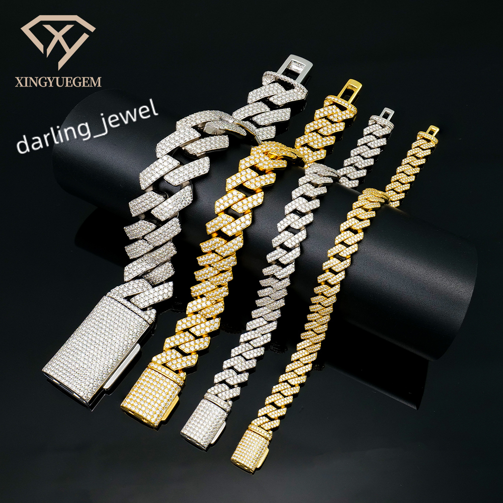 Miami 925 Silver 8mm 10mm 12mm 14mm 18mm 20mm Sharp Angled Style Cuban Link Chain Iced Out Mossanite Moissanite Bracelet for Men