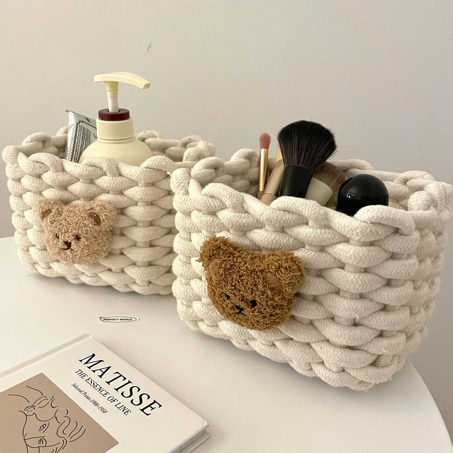 Ins Simple Fashion Bear Cotton Linen Woven Basket Desktop Storage Box and Sundries Storage Basket for He Dormitory Y251112