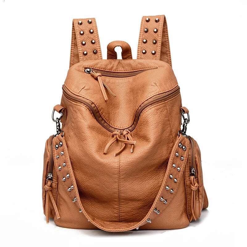 New Brand Woman Backpack High Quality Leather School Bags Rivet Moto Style Women Backpacks Vintage Soft Lady Shoulder Bag