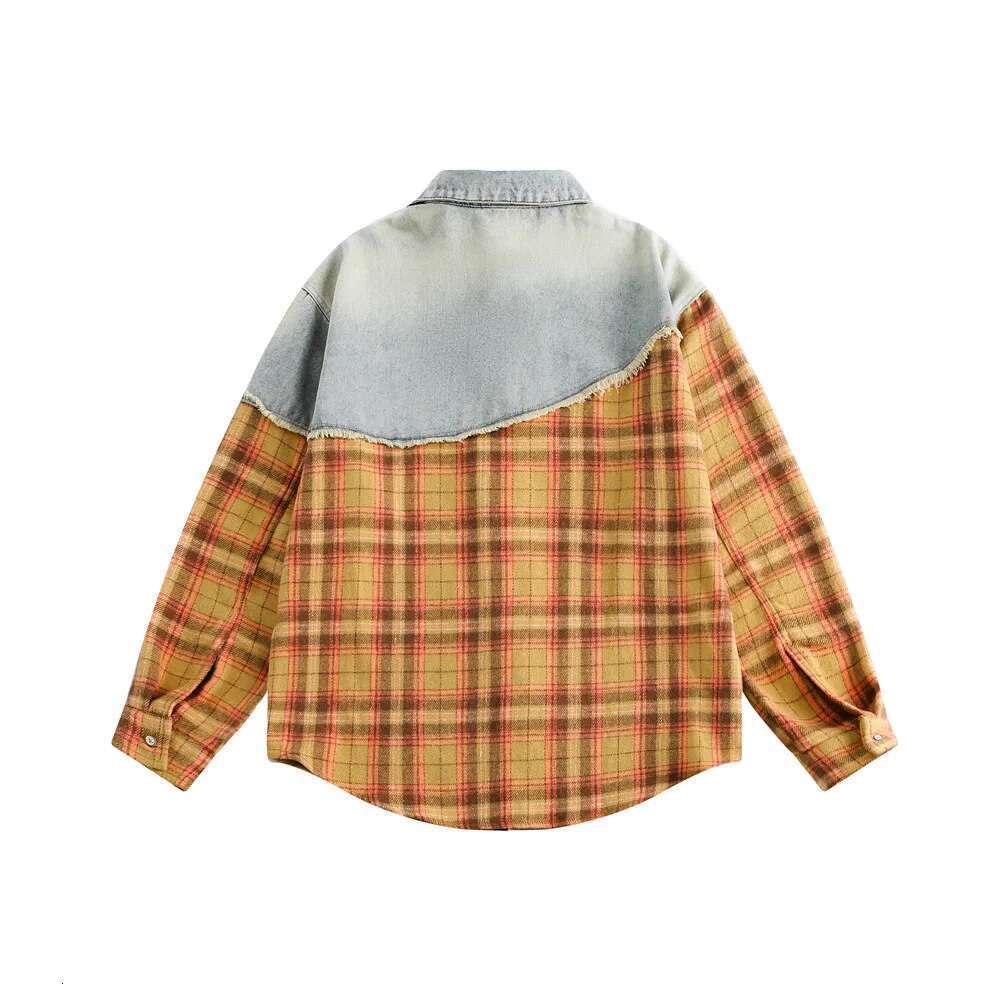 Denim Plaid Spliced Mens Washed Distressed Autumn High Street Lapel Pocket Single Breasted Long Sleeve Shirts