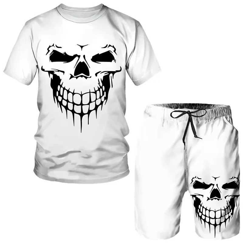 Skull 3D 2-piece mens printed 2025 summer short sleeved sportswear Gothic graphic top set mens lightweight and breathableXJ250412