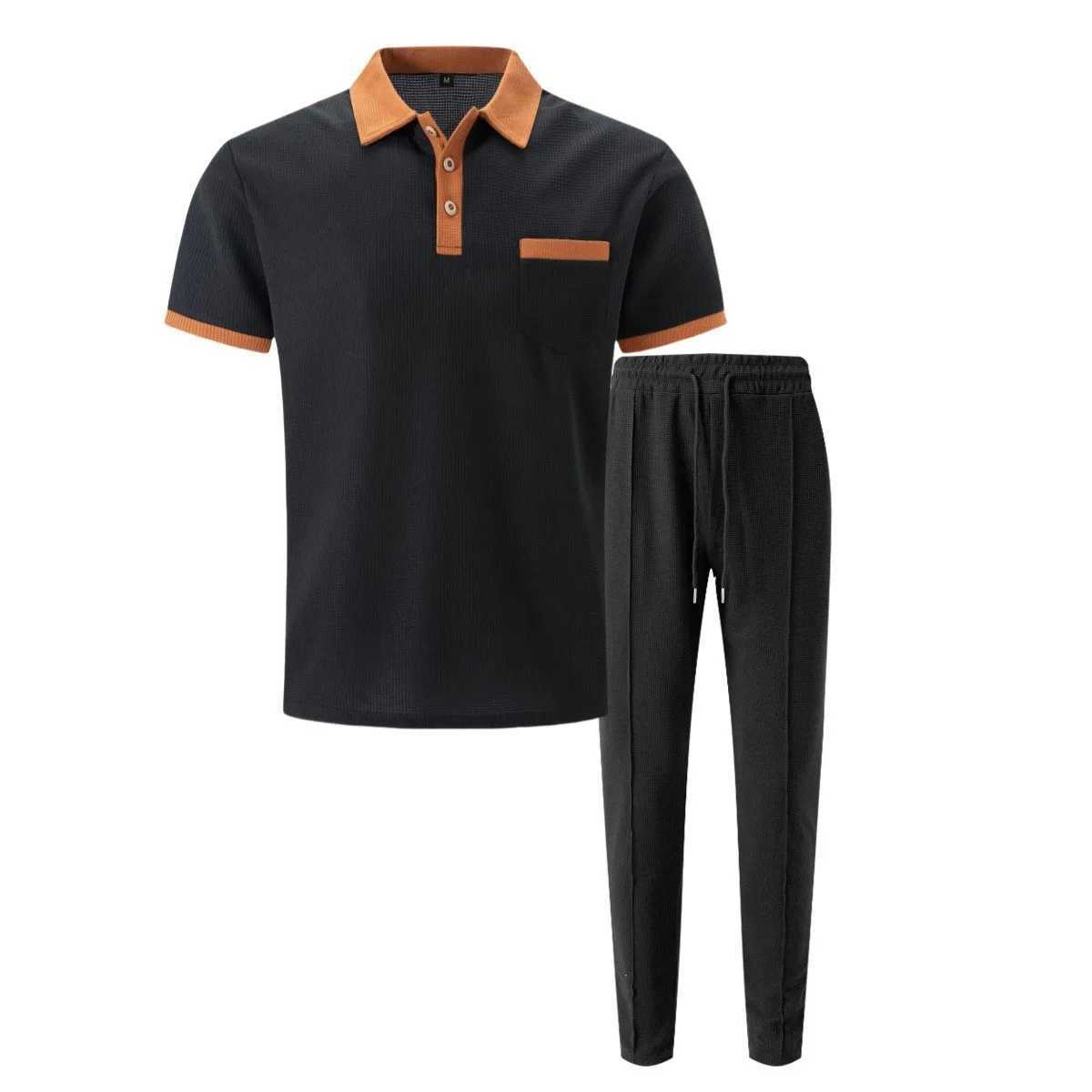 2025 Summer Mens Solid Color Waffle Neck Casual Pocket Polo Short Sleeve Pants SetXJ250412
