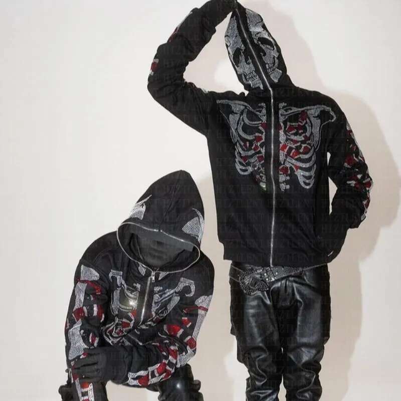 Zip Men Y2k Clothes Hoodie Fashion Hoodies Goth Rhies Butterfly Skeleton Print Long Sleeve Sweatshirt Oversized Top