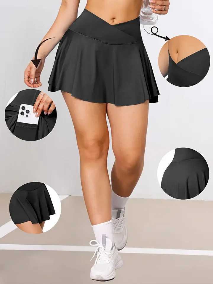 Womens Tennis Skills with Pocket Crossover High Waist Sports Golf Skills Running Exercise Skills 2-in-1 Fashion Street Clothing Y250412