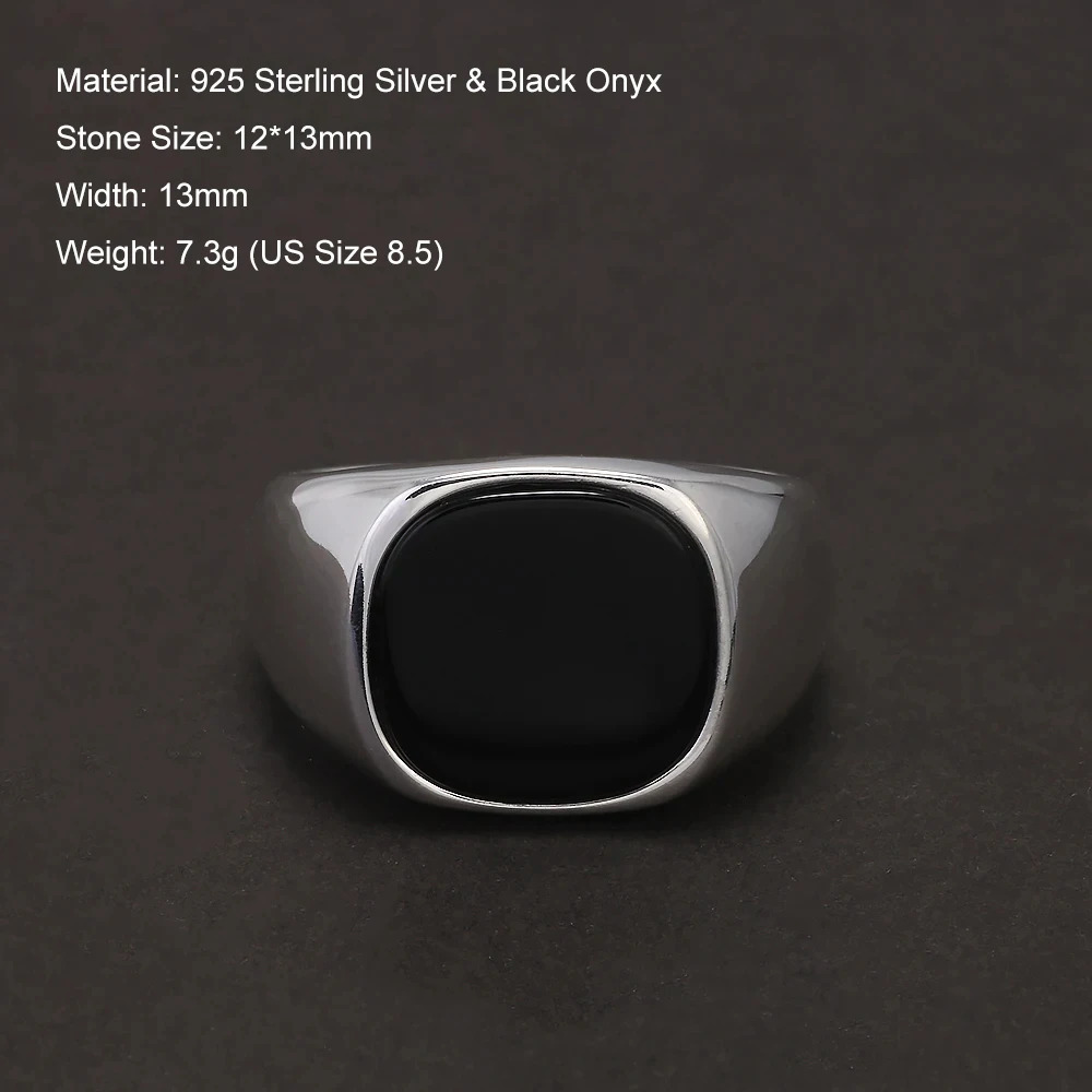 S925 Sterling Silver Black Onyx Signet Ring for Men Trendy Retro Smooth Punk Rock Party Jewelry Pinky Ring Wedding Accessories 251110