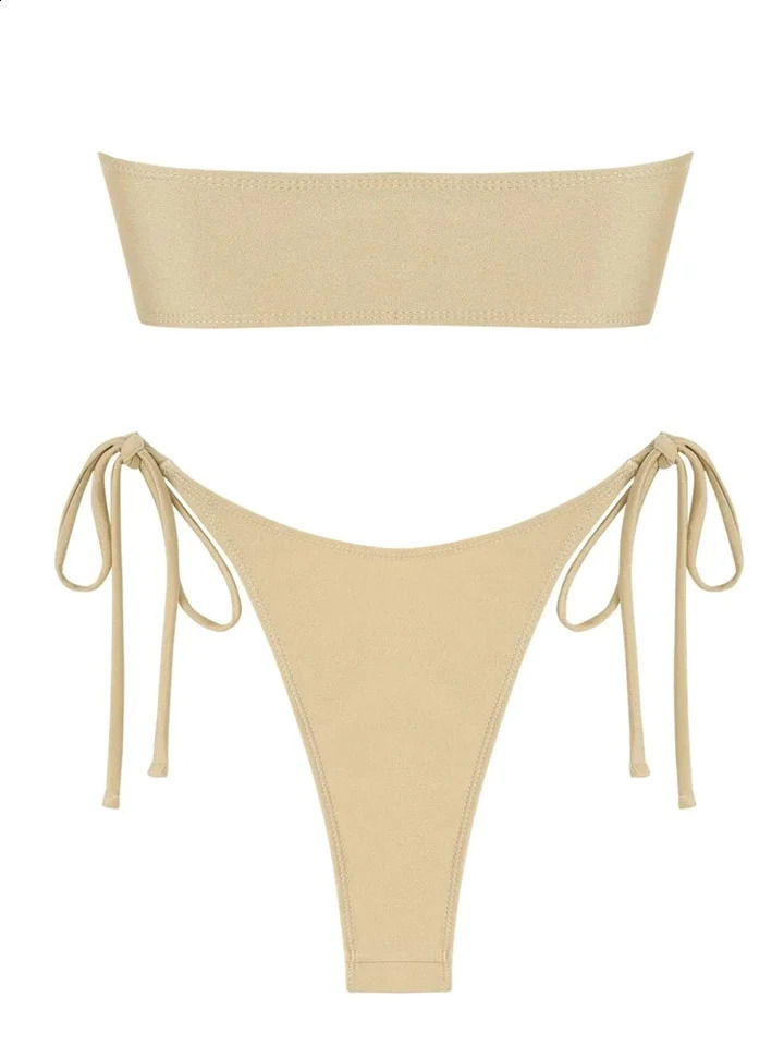 Womens Swimsuit Strapless Solid Bandeau Bikinis High Cut Tube Bikini Set Swimwear Push Up Tops Tie Side Bathing Suit Beachwear 250411