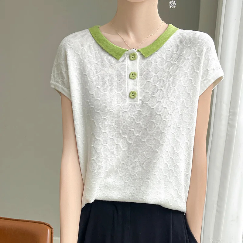 Womens T-shirt Summer Worsted Knitted Sweater Short Sleeve Casual Splicing Ladies Clothes POLO Collar Tops Loose Tees 250411
