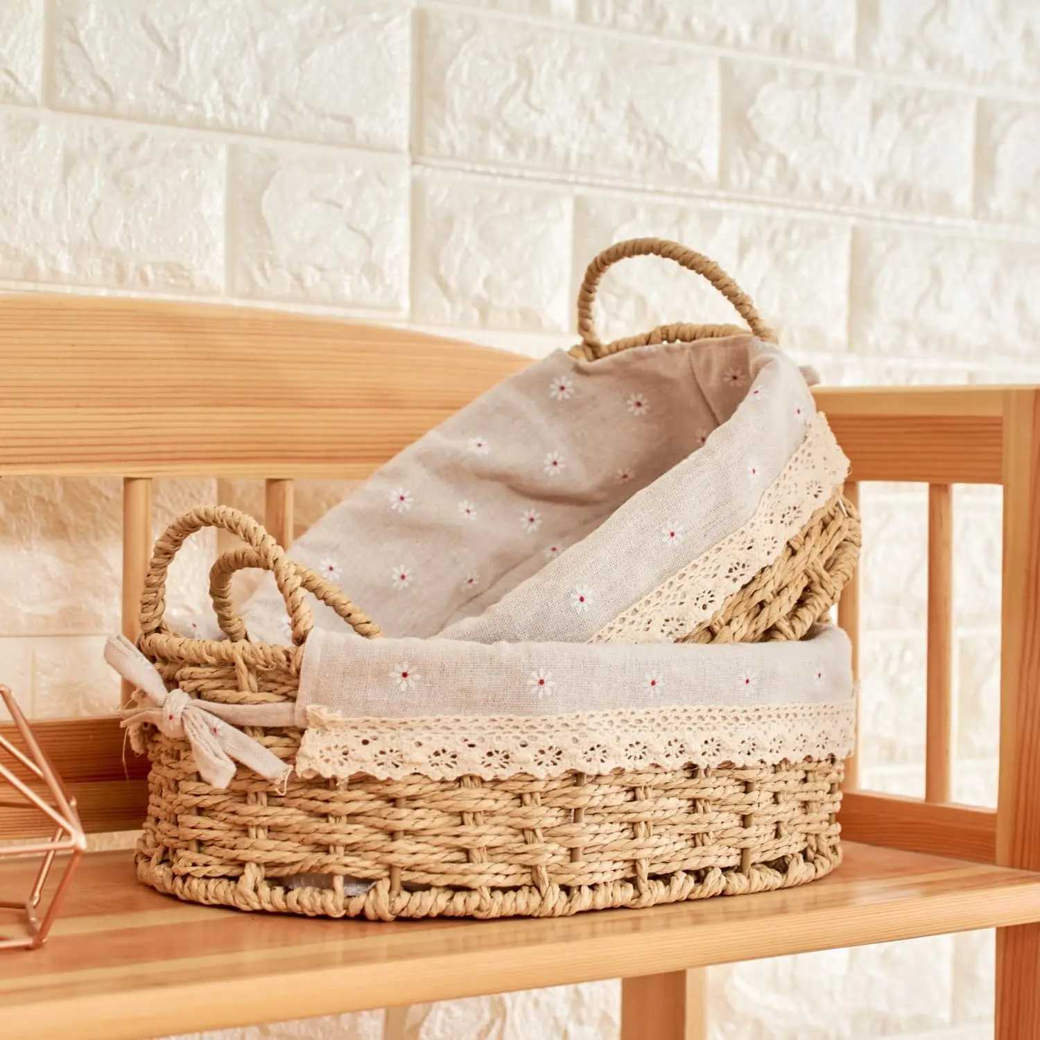 er Storage Baskets for Shelves Organizing Decorative Natural Paper Rope Woven Serving Baskets Trays with Handle Liner Y251112