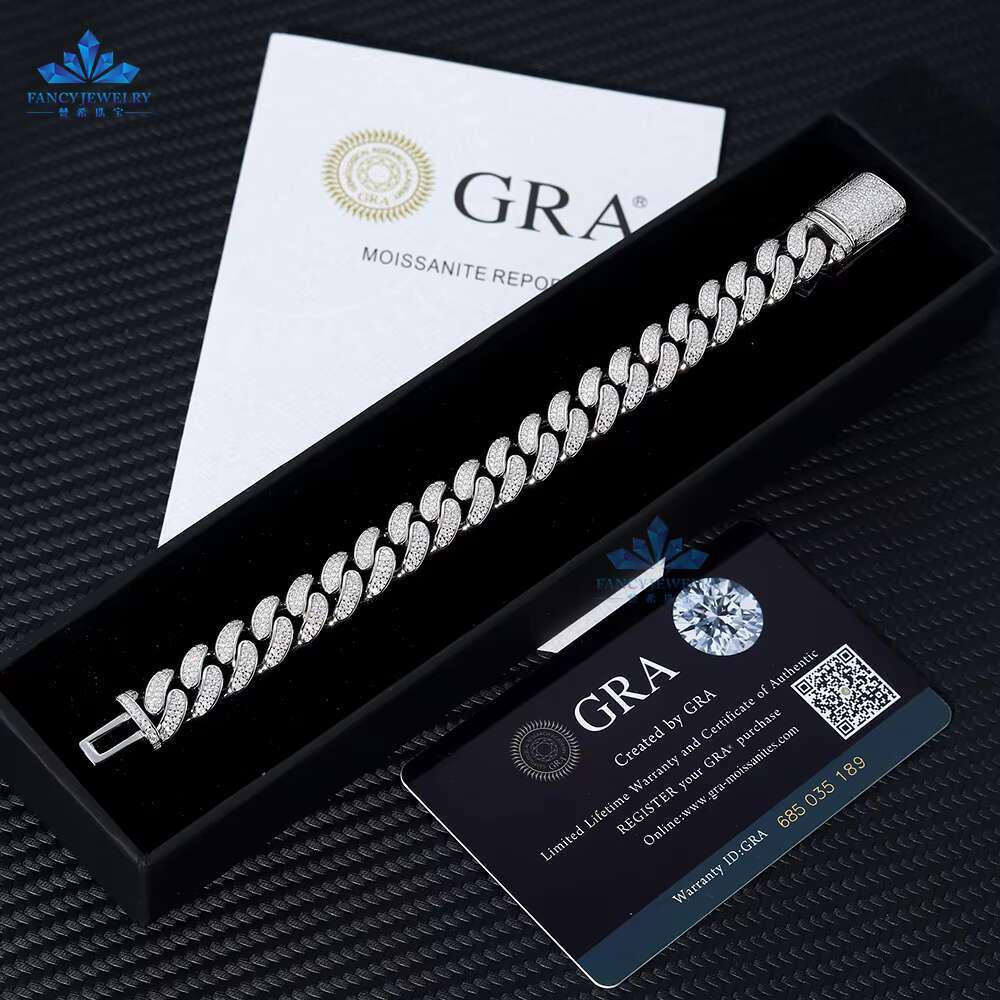 Miami Cuban Chain Iced Out Moissanite Bracelet Hip Hop Jewelry 925 Silver for Men Gift Box Womens Charm Bracelets Cuban Link